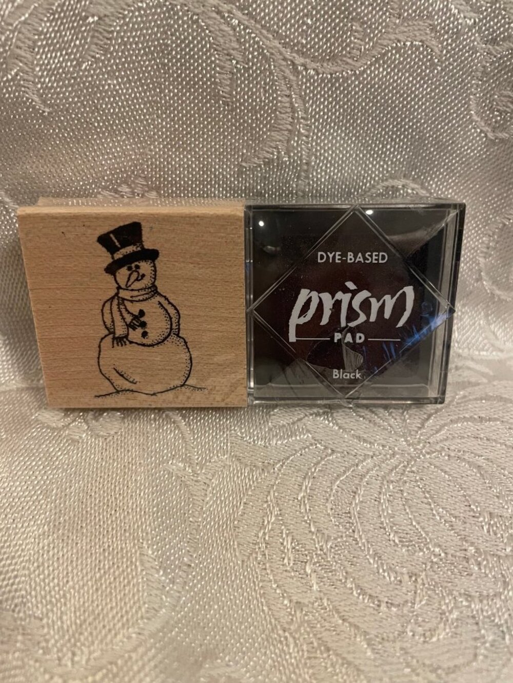 1996 Rubber Stampede Snowman Stamp with Wood Top and Black Prism Ink Pad Set New